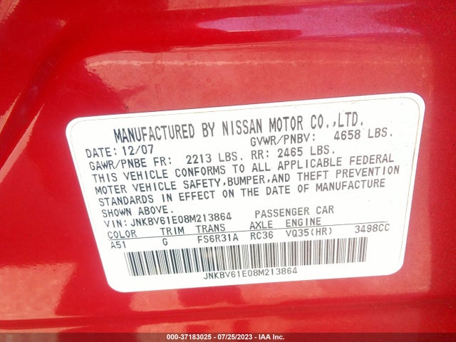 2008 INFINITI G35 SEDAN SPORT VIN: JNKBV61E08M213864