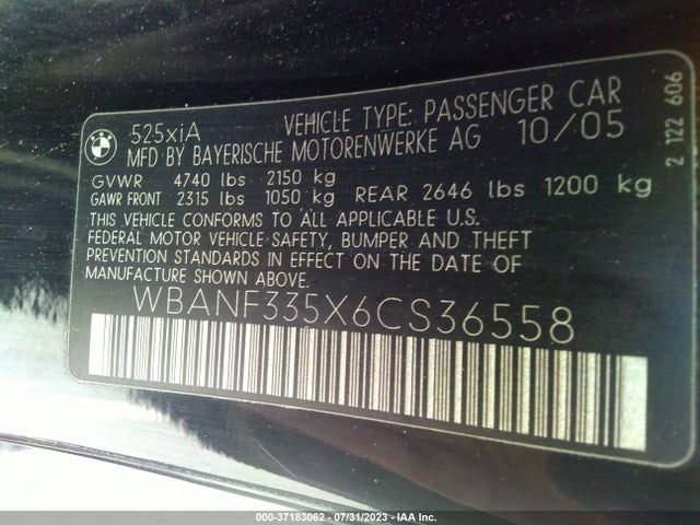 2006 BMW 5 SERIES 525XI VIN: WBANF335X6CS36558