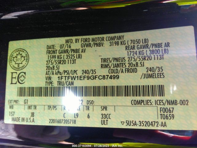 1FTFW1EF9GFC87499 Ford F-150 Xlt/xl/lariat/platinum