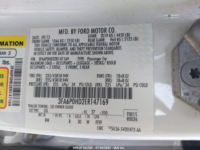2014 FORD FUSION SE VIN: 3FA6P0HD2ER147169