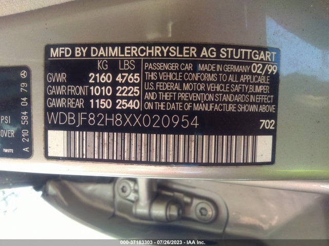 Aukcja sprzedaży 1999 Mercedes-benz E-class, vin: WDBJF82H8XX020954, numer aukcji: 37183303