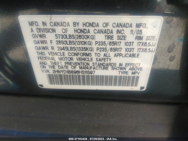 2006 ACURA MDX TOURING W/NAVI VIN: 2HNYD18896H511597