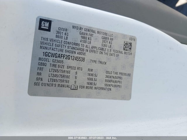 Chevrolet EXPRESS CARGO VAN 2016 1GCWGAFF2G1245538 Image 15