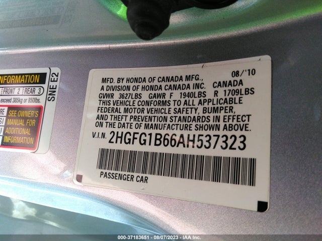 2010 HONDA CIVIC CPE LX VIN: 2HGFG1B66AH537323