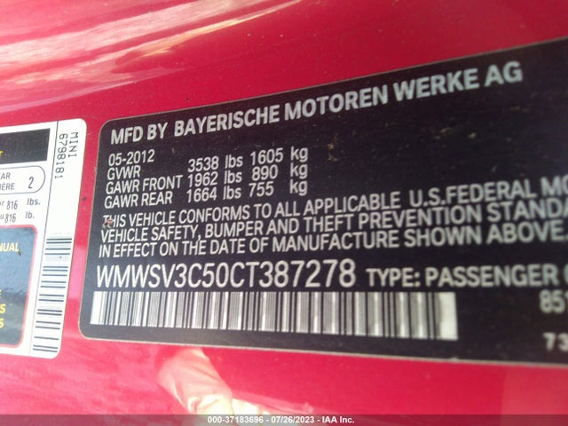 2012 MINI COOPER HARDTOP S VIN: WMWSV3C50CT387278