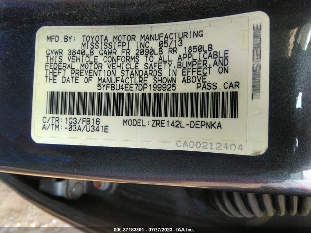 2013 TOYOTA COROLLA L/LE/S VIN: 5YFBU4EE7DP199925