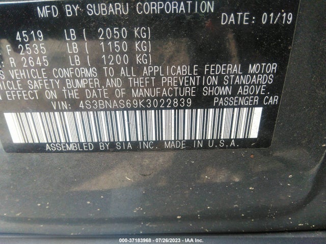 2019 SUBARU LEGACY SPORT VIN: 4S3BNAS69K3022839