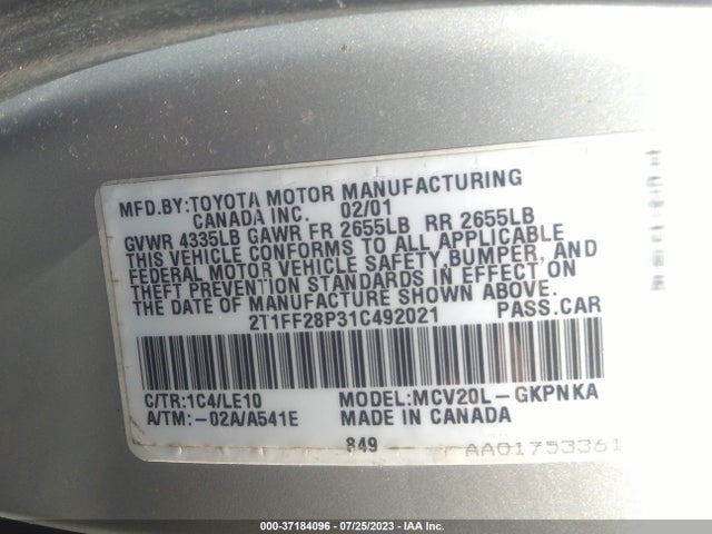 2001 TOYOTA CAMRY SOLARA SE/SLE VIN: 2T1FF28P31C492021