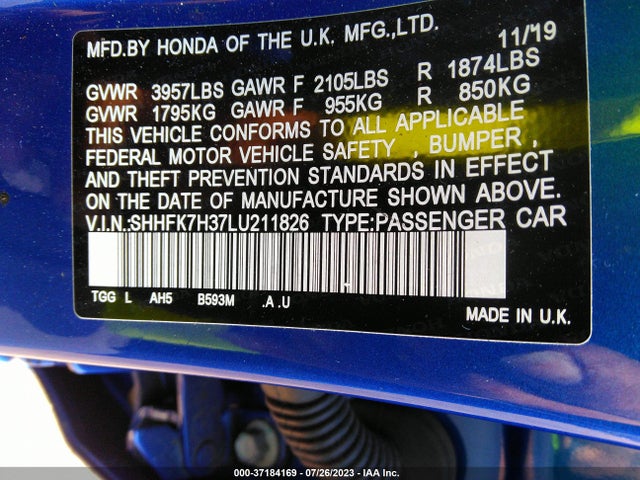 Honda Civic Hatchback Lx 2020 SHHFK7H37LU211826 Image 9
