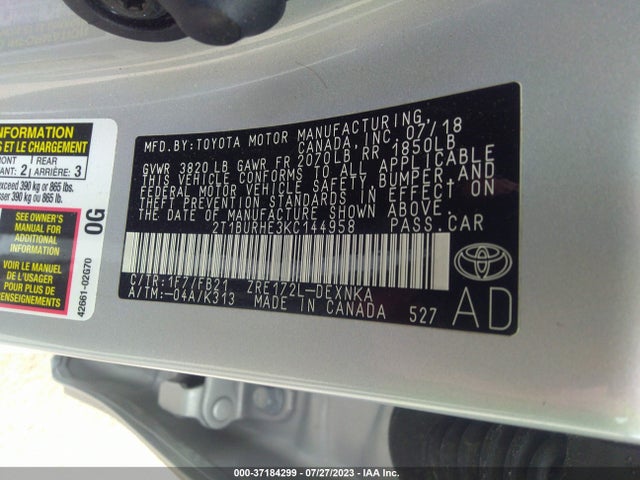 2019 TOYOTA COROLLA L/LE/SE/XLE/XSE VIN: 2T1BURHE3KC144958