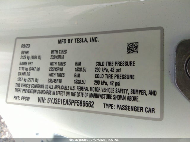2023 Tesla 3, VIN: 5YJ3E1EA5PF589662