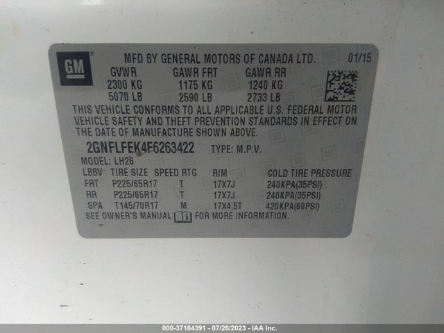 2015 CHEVROLET EQUINOX LT VIN: 2GNFLFEK4F6263422