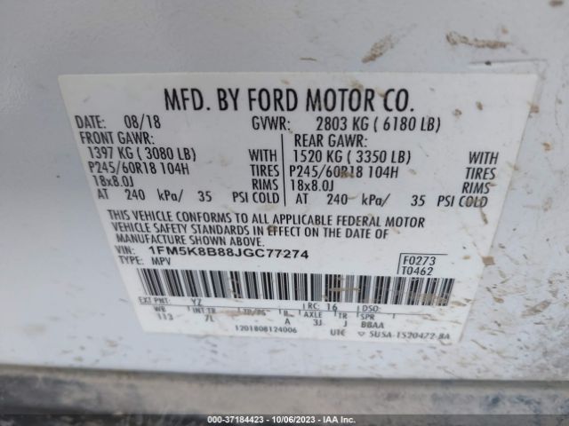 1FM5K8B88JGC77274 Ford Explorer Base