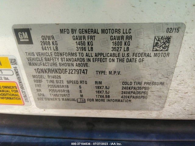 Chevrolet Traverse Lt 2015 1GNKRHKD0FJ279747 Image 9