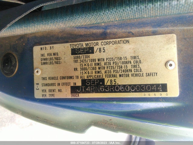 1986 TOYOTA PICKUP RN63 STD VIN: JT4RN63R0G0003044