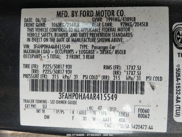 2010 FORD FUSION SE VIN: 3FAHP0HA4AR415549