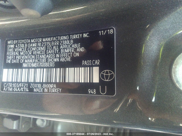 2019 TOYOTA C-HR XLE/LE/LIMITED VIN: NMTKHMBX7KR080303