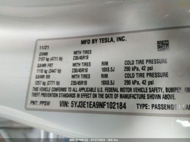 5YJ3E1EA9NF102184 Tesla MODEL 3