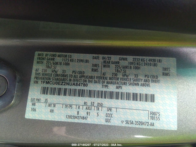 2022 Ford Escape, VIN: 1FMCU0EZ2NUA84780