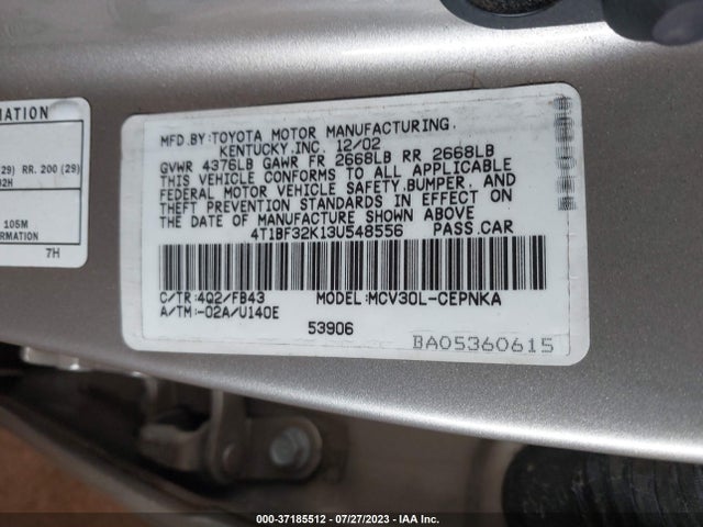 2003 TOYOTA CAMRY LE/SE/XLE VIN: 4T1BF32K13U548556