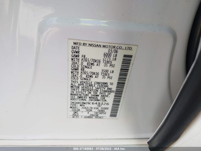 2006 NISSAN PATHFINDER SE VIN: 5N1AR18W26C649326