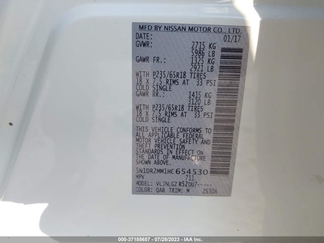 2017 NISSAN PATHFINDER SL VIN: 5N1DR2MM1HC654530