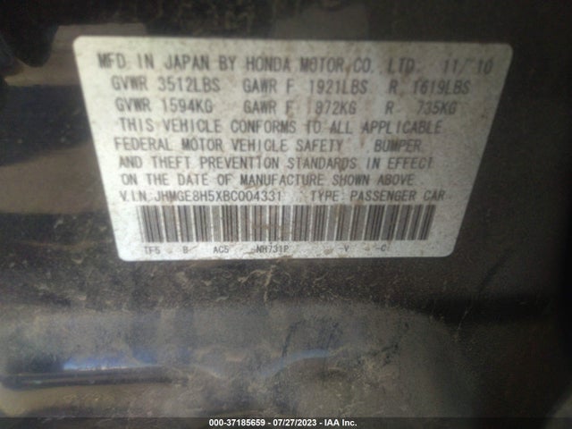 2011 HONDA FIT SPORT VIN: JHMGE8H5XBC004331
