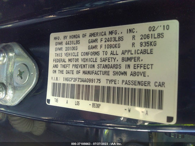 2010 HONDA ACCORD SDN EX VIN: 1HGCP2F73AA099175