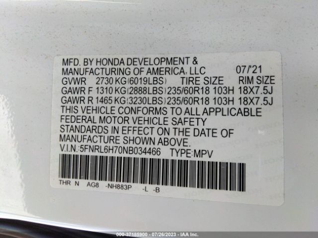5FNRL6H70NB034466 Honda Odyssey Ex-l