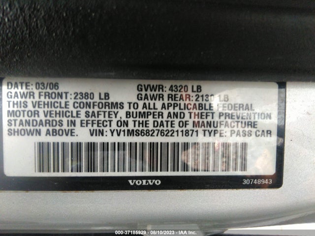 2006 VOLVO S40 2.5L TURBO VIN: YV1MS682762211871