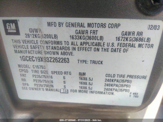 2003 CHEVROLET SILVERADO 1500 WORK TRUCK VIN: 1GCEC19X93Z262263
