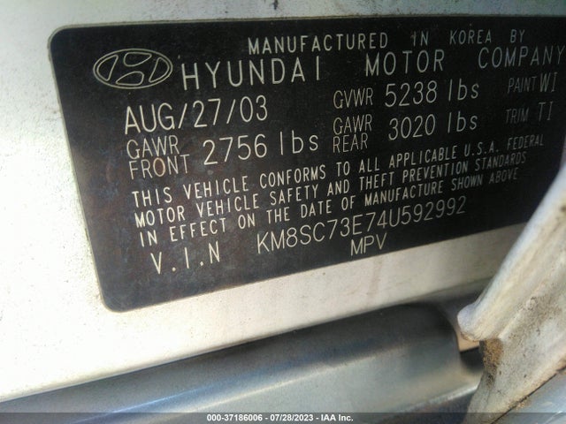 2004 HYUNDAI SANTA FE GLS/LX VIN: KM8SC73E74U592992