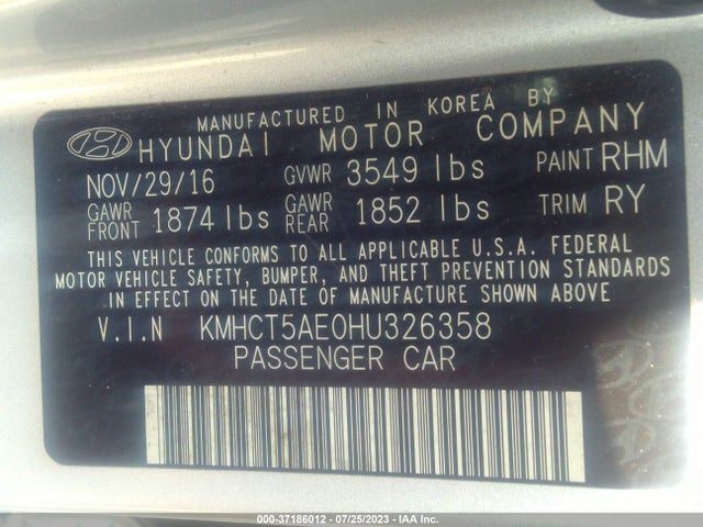 2017 HYUNDAI ACCENT SE VIN: KMHCT5AE0HU326358