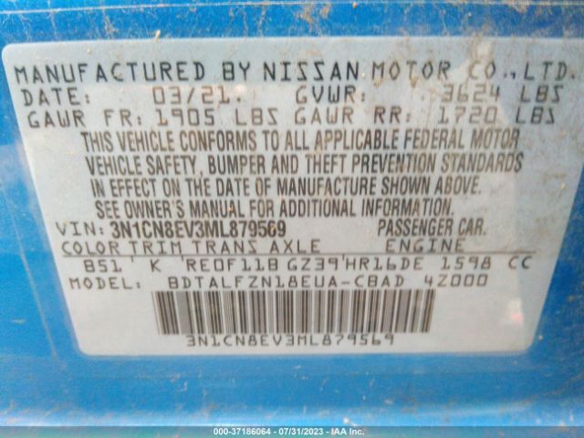 3N1CN8EV3ML879569 Nissan VERSA SV