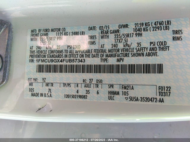 Ford ESCAPE SE 2015 1FMCU9GX4FUB57343 Image 9