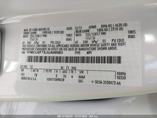 1FMCU0F7XJUA99583 Ford ESCAPE S