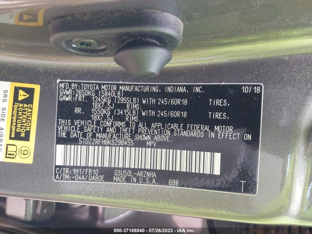 Toyota Highlander Le 2019 5TDZZRFH6KS298455 Image 16