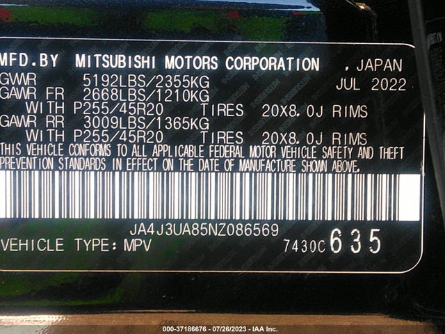 JA4J3UA85NZ086569 Mitsubishi Outlander Se