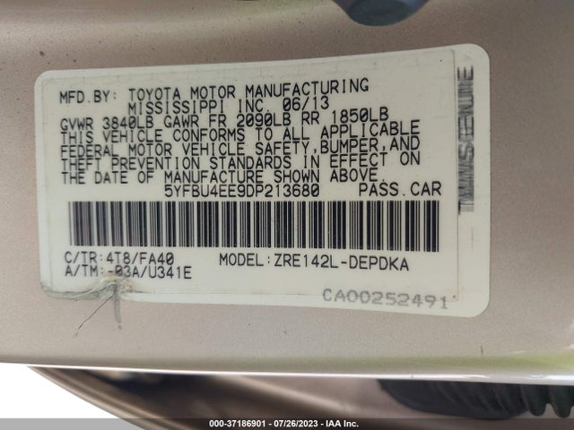 2013 TOYOTA COROLLA L/LE/S VIN: 5YFBU4EE9DP213680