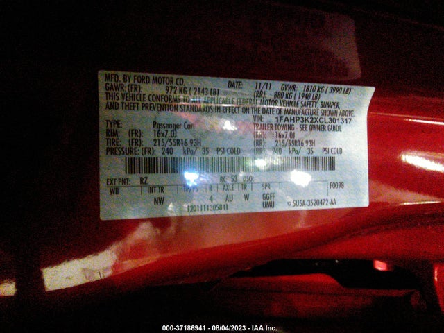 2012 FORD FOCUS SE VIN: 1FAHP3K2XCL301317