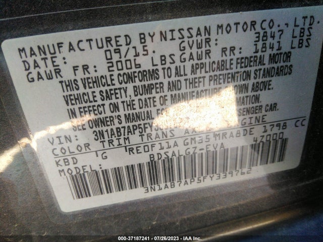 2015 NISSAN SENTRA SL VIN: 3N1AB7AP5FY339762