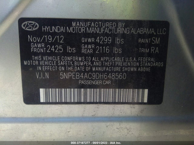 2013 HYUNDAI SONATA GLS PZEV VIN: 5NPEB4AC9DH648560