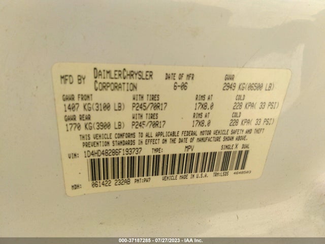 2006 DODGE DURANGO SLT VIN: 1D4HD48286F193737