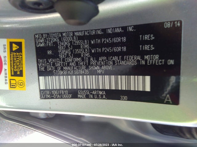 Toyota Highlander Le 2015 5TDBKRFH2FS078435 Image 9
