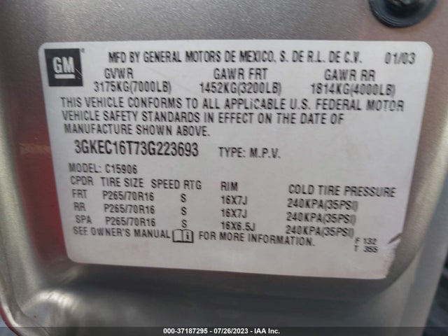 2003 GMC YUKON XL SLT VIN: 3GKEC16T73G223693