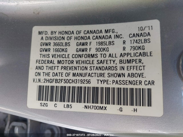 2012 HONDA CIVIC SDN LX VIN: 2HGFB2F50CH319256
