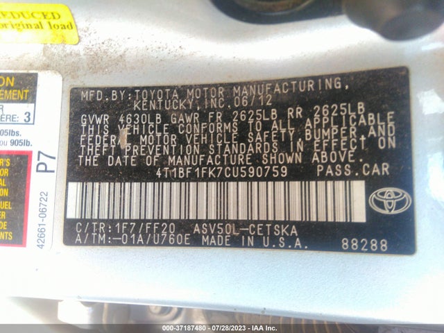 2012 TOYOTA CAMRY L/LE/SE/XLE VIN: 4T1BF1FK7CU590759