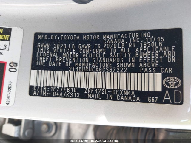2016 TOYOTA COROLLA L/LE/S/S PLUS/LE PLUS VIN: 2T1BURHEXGC567222