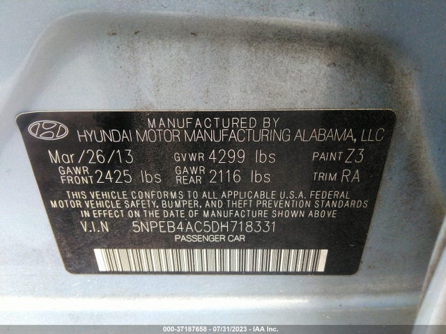 2013 HYUNDAI SONATA GLS VIN: 5NPEB4AC5DH718331
