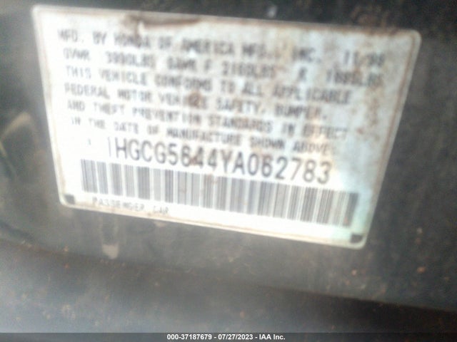 2000 HONDA ACCORD SDN LX VIN: 1HGCG5644YA062783